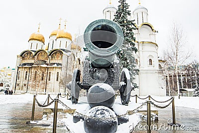 The Tsar Cannon with gold domes background in Moscow Kremlin Stock Photo
