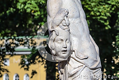 Tsarskoye Selo, Russia - August 21, 2023: Sculpture in the Catherine Park, the severed head of Medusa in the hand of Perseus Editorial Stock Photo