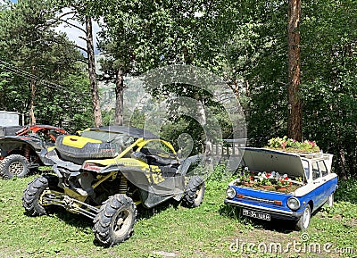 Tsey, Russia, North Ossetia, June, 26, 2019. ATVs BRP Can-Am parked in the Alpine camp `Tsey`. Russia, North Ossetia. Tsey gorge Editorial Stock Photo