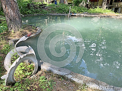 Tsey, Russia, North Ossetia, June, 26, 2019. Tsey gorge, swimming pool in mountain camp Tsey Stock Photo