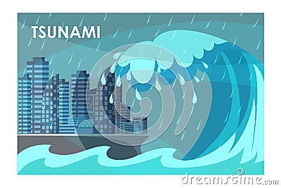 Tsunami covering city buildings flat illustration Vector Illustration