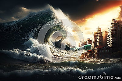 A tsunami covering the city with a giant wave. Generative AI illustration. Cinematic. Realistic. Cartoon Illustration