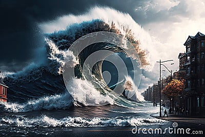 A tsunami covering the city with a giant wave. Generative AI illustration. Cartoon Illustration