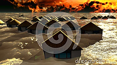 Tsunami destroying bungalows Cartoon Illustration