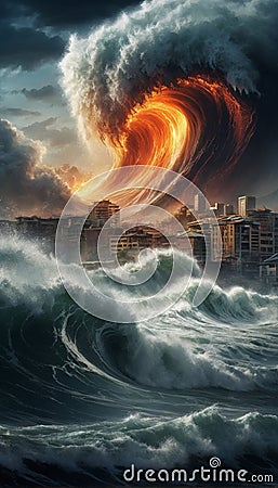 A tsunami destroying houses. Stock Photo