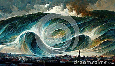 tsunami in front of a city, force of nature illustration, ai generated image Cartoon Illustration