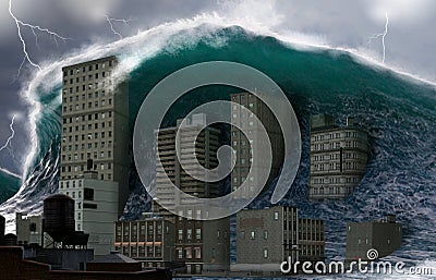 Tsunami tidal wave crashing costal town Stock Photo