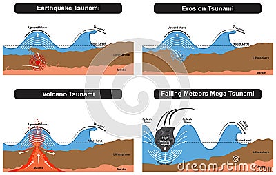 Tsunami types infographic diagram according to different causes earthquake erosion volcano and falling meteors Vector Illustration