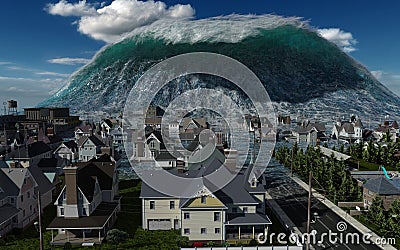Tsunami wave apocalyptic water view urban flood Storm. 3D illustration Cartoon Illustration