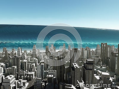 Tsunami wave coming to city Stock Photo