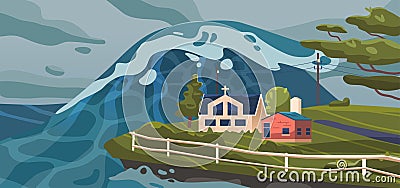 Tsunami Wave Mercilessly Swallows A Serene Countryside Area On Shore With Church And Cottage House, Vector Illustration Vector Illustration