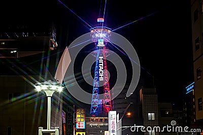 Osaka Shinsekai Tsutenkaku Tower at Night Editorial Stock Photo