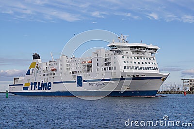 The TT-Line ferry `Nils Holgersson` in Rostock WarnemÃ¼nde Editorial Stock Photo