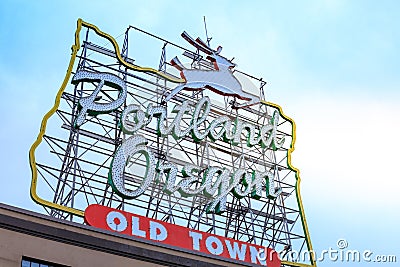 Tthe iconic White Stag, a landmark neon sign Portland, Or Editorial Stock Photo