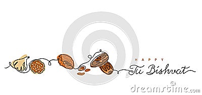 Tu Bishvat, hebrew holiday of fruit trees. One line art drawing of dried fruits fig fruits, apricot, dates. Vector Vector Illustration