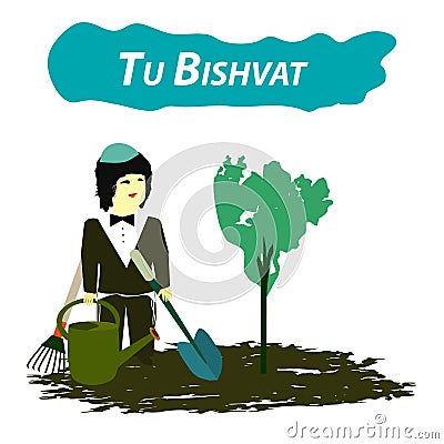 Tu Bishvat Jewish new year of trees. Planting trees on Tu Bishvat. Flat style. Vector illustration on isolated Vector Illustration