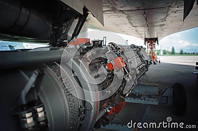 Tu-160 engine Tupolev supersonic strategic bomber with variable sweep wing, museum exhibit Poltava Ukraine Editorial Stock Photo