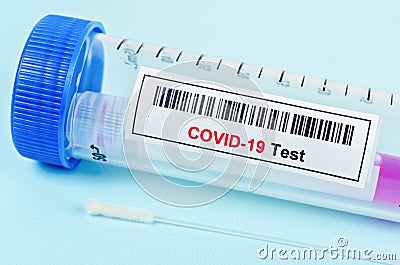 Tube containing nasopharyngeal swab for coronavirus or COVID-19 test Stock Photo