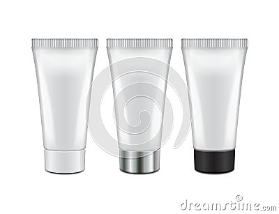 Tube with different color caps- cream, gel, skin care, toothpaste. Ready for your design. Packaging mockup template Vector Illustration