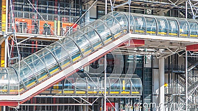 Tube with escalator of the Centre of Georges Pompidou timelapse in Paris, France. Editorial Stock Photo