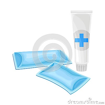 Tube of Pharmaceutical Substance and Sterile Bandage Packaging for First Aid Treatment Vector Illustration Vector Illustration