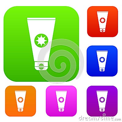 Tube with sunbathing cream set collection Vector Illustration
