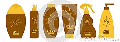 Tube of suntan oil cream icon. After sun lotion. Bottle set line. Solar defence. SPF 6 15 20 30 50 sun protection factor. UVA UVB Vector Illustration
