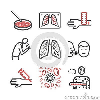 Tuberculosis Symptoms, Treatment. Line icons set. Vector signs for web graphics. Vector Illustration