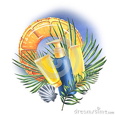 Tubes for cosmetics, sunscreen on a background of tropical leaves with an inflatable circle with an orange print, with a Cartoon Illustration