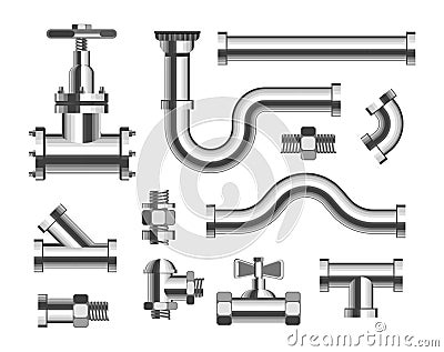 Tubes and piping plumbing and canalization isolated metal pipeline elements Vector Illustration