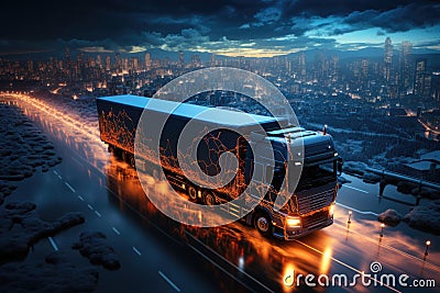Tuck with a container is going to the autobahn. Transport and logistics concept, Online cargo delivery Stock Photo