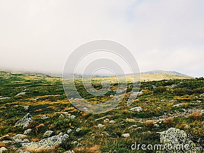 Tuckerman Ravine trail mountain range with fog Stock Photo