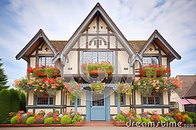 tudor house front gable with hanging flower baskets Stock Photo