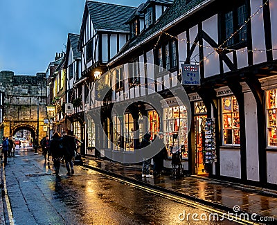Tudor style buildings captured at dusk in the city of York, UK Editorial Stock Photo
