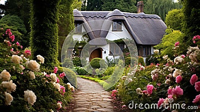 A Tudor-style cottage with a thatched roof, climbing roses. Stock Photo