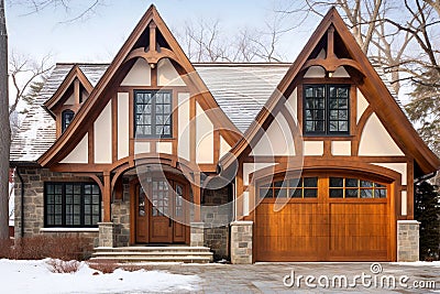 Tudor style family house exterior with gable roof and timber framing. Wooden garage doors in home cottage. Created with generative Stock Photo