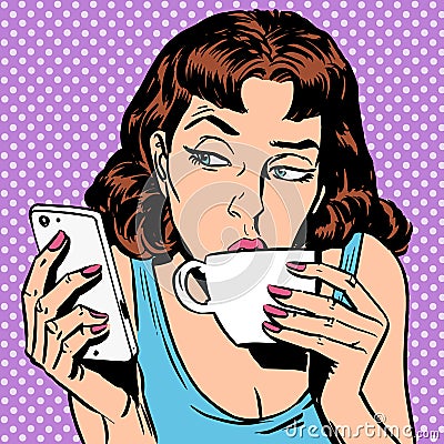 Tuesday girl looks at smartphone drinking tea or Vector Illustration