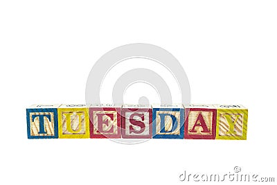 Tuesday written in letter colorful alphabet blocks isolated on w Stock Photo
