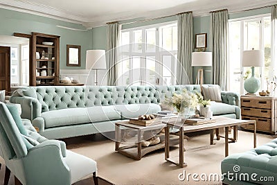 A tufted linen sofa in a coastal-inspired living room with seafoam accents Stock Photo