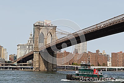 Tug boat under Brooklyn Bridge Editorial Stock Photo
