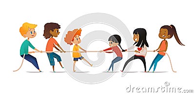 Tug of war contest between boys and girls. Two groups of children of different sex pulling opposite ends of rope Vector Illustration