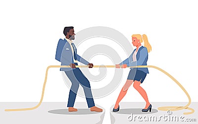 Tug of war between male and female employees, man vs woman pull rope in office conflict Vector Illustration