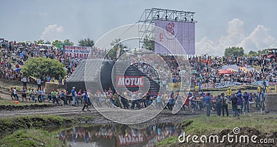 Tug of war with the people of the tractor on Bizon Track Show Editorial Stock Photo