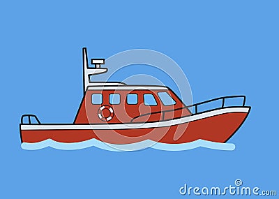 Tugboat, rescuer boat. Flat vector illustration. Isolated on blue background. Vector Illustration