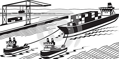 Tugboats assisting cargo ship to port Vector Illustration