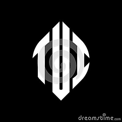 TUI circle letter logo design with circle and ellipse shape. TUI ellipse letters with typographic style. The three initials form a Vector Illustration