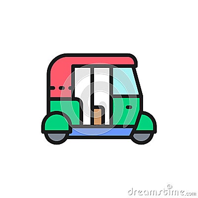 Tuk tuk car, traditional public transport in India flat color line icon. Vector Illustration