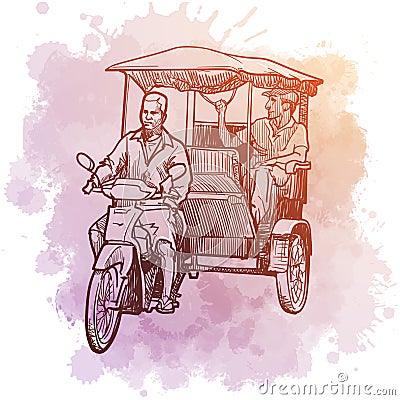 Tuk-Tuk driver typical Asian transport. Linear sketch on a watercolor textured background. Vector Illustration