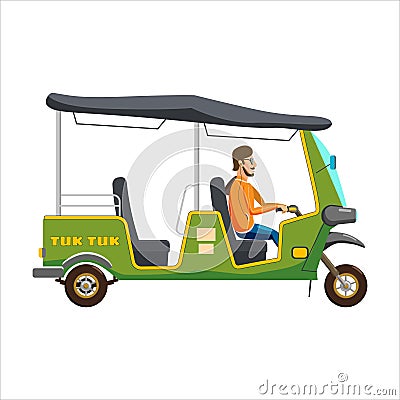 Tuk Tuk Asian auto rickshaw three wheeler tricycle with local driver. Thailand, Indian countries baby taxi. Vector Vector Illustration