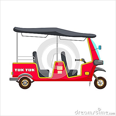 Tuk Tuk Asian auto rickshaw three wheeler tricycle red. Thailand, Indian countries baby taxi. Vector illustration Vector Illustration